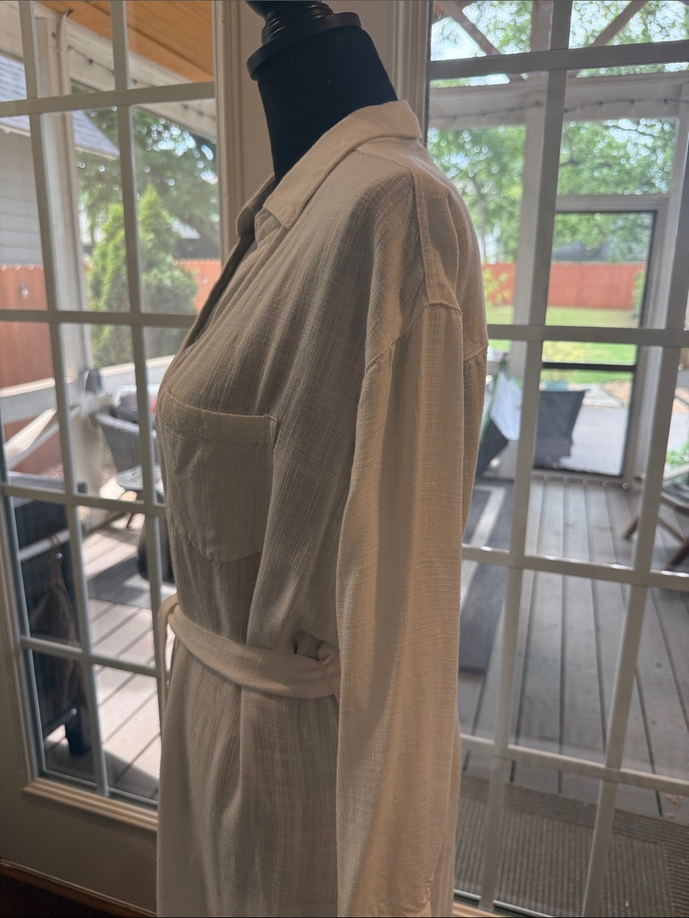 L Space Lightweight White Long-Sleeve Button Shirt Dress with Waist Tie - Picture 4 of 7
